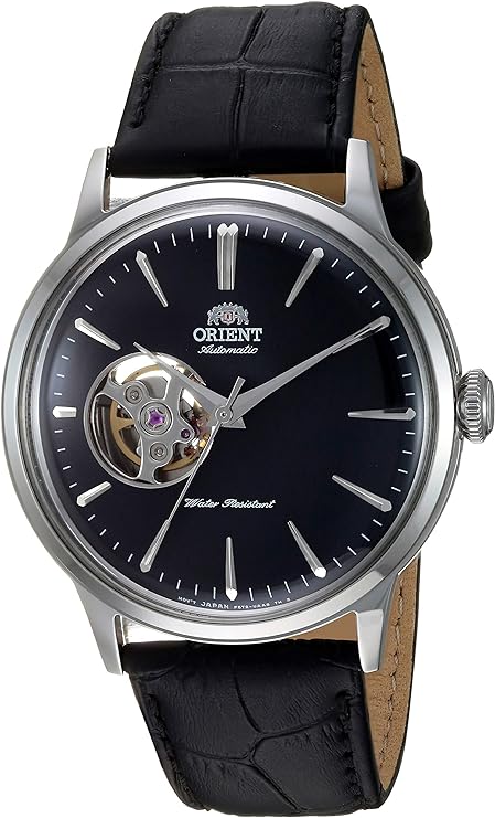 most affordable watches Orient 'Bambino Open Heart' Japanese Automatic Stainless Steel and Leather Dress Watch (Model: RA-AG0004B10A), Black